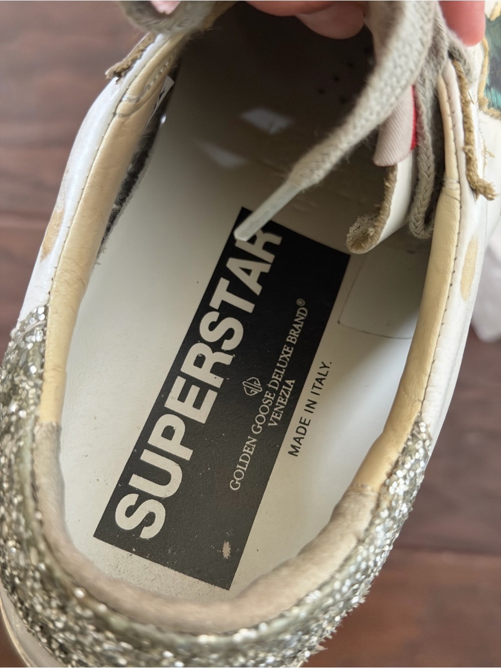 Golden Goose White Sneakers with Green Star and Silver Glitter Heel - Picture 6 of 8